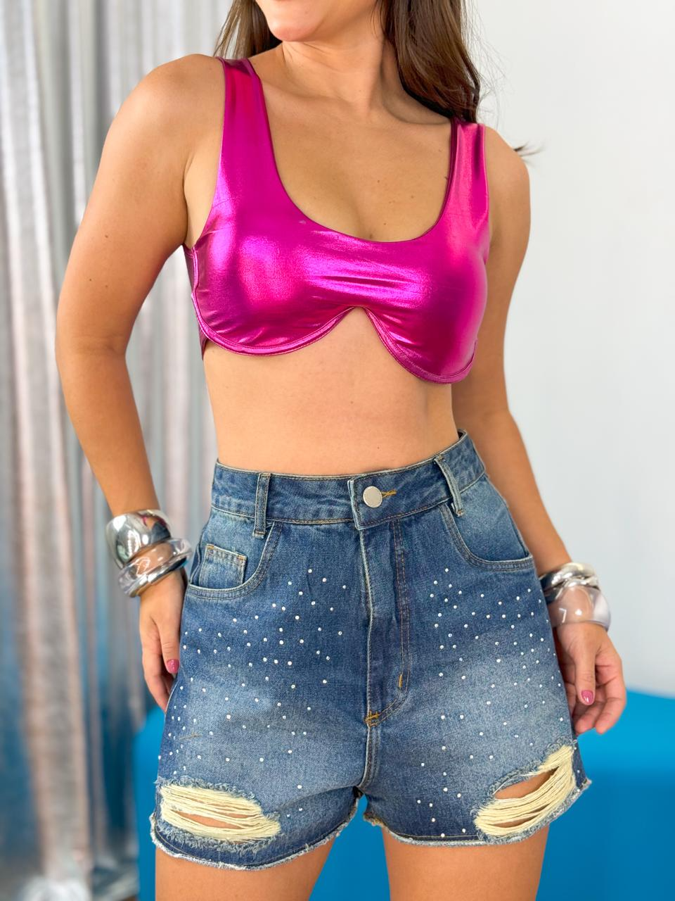 Conjunto Cropped cirre metalizado + Tiara + Pulseira