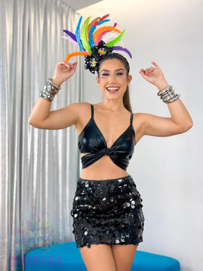 Conjunto Blusa Multiformas & Saia Ouro Negro + Tiara + Pulseira + Brinco