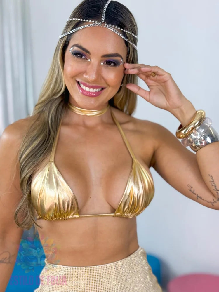 Conjunto Top Curtina Fio & Saia Brilhante + Tiara + Pulseira