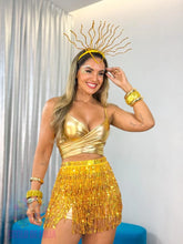 Kit Rainha do Samba - Top Brilhante + Saia de Franjas + Tiara Luxuosa