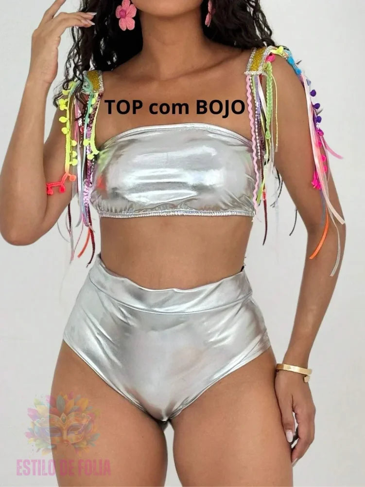 Top BOJO + Calcinha Cintura Alta - Conjunto Metalizado